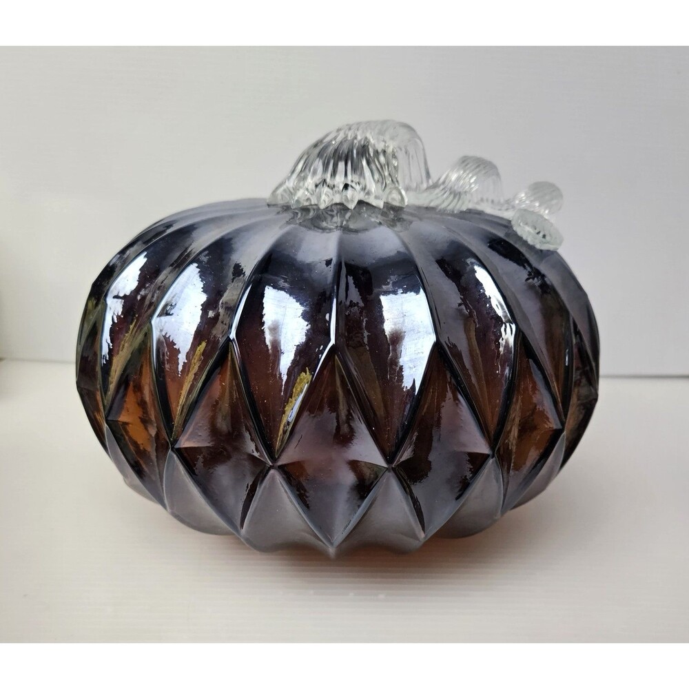 Lighted Faceted Art Glass Pumpkin Burgundy Amber Global Village Battery LED 9"